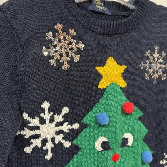 Women's Forever 21 Ugly Christmas Holiday Tree Navy‎ Blue Sweater Size Small (S) - Picture 3 of 5